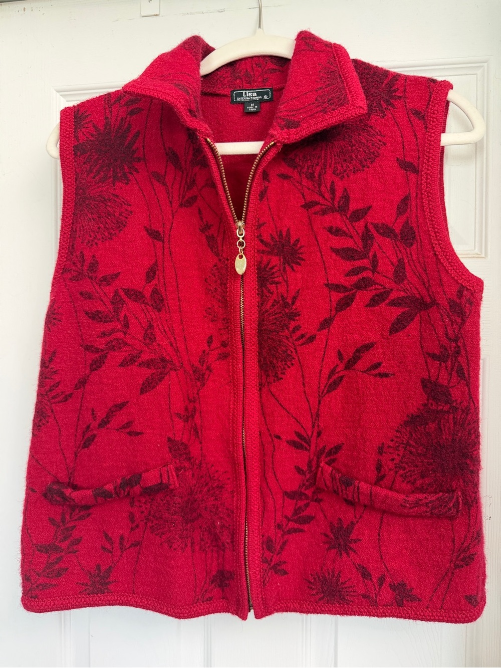 Lisa International Wool Red Floral Zip-Front Vest